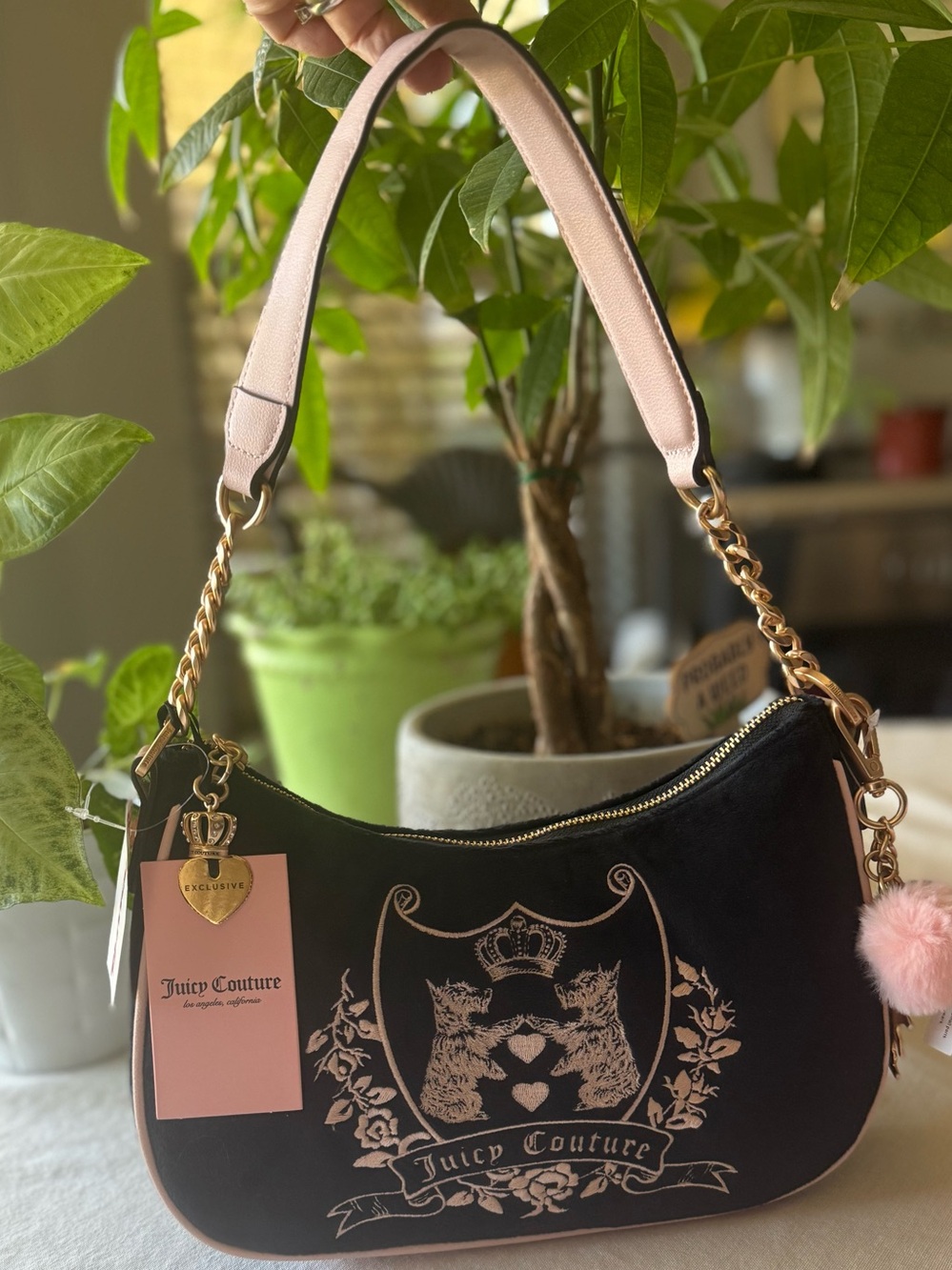 JUICY COUTURE NEW LOVE CHAPTER SHOULDER BAG LIQUORICE Dog Bag Charm Black & Pink